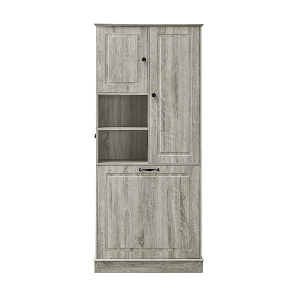 30 in. W x 14 in. D x 68 in. H Gray Oak MDF Linen Cabinet with Adjustable Shelves and Large Flip-Out Basket