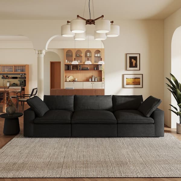 Minimalist 118 in. Square Arm Down Filled Linen 3-Seater Cloud Modular Tuxedo Sofa Couch in Black with Removable Covers