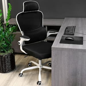 High Back Adjustable Mesh and Fabric Office Chair in Black on White Frame with Adjustable Head Rest
