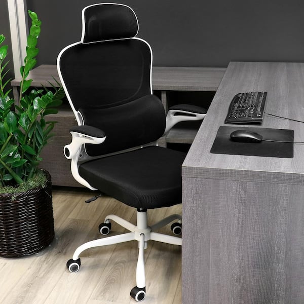 Elama High Back Adjustable Mesh and Fabric Office Chair in Black on White Frame with Adjustable Head Rest