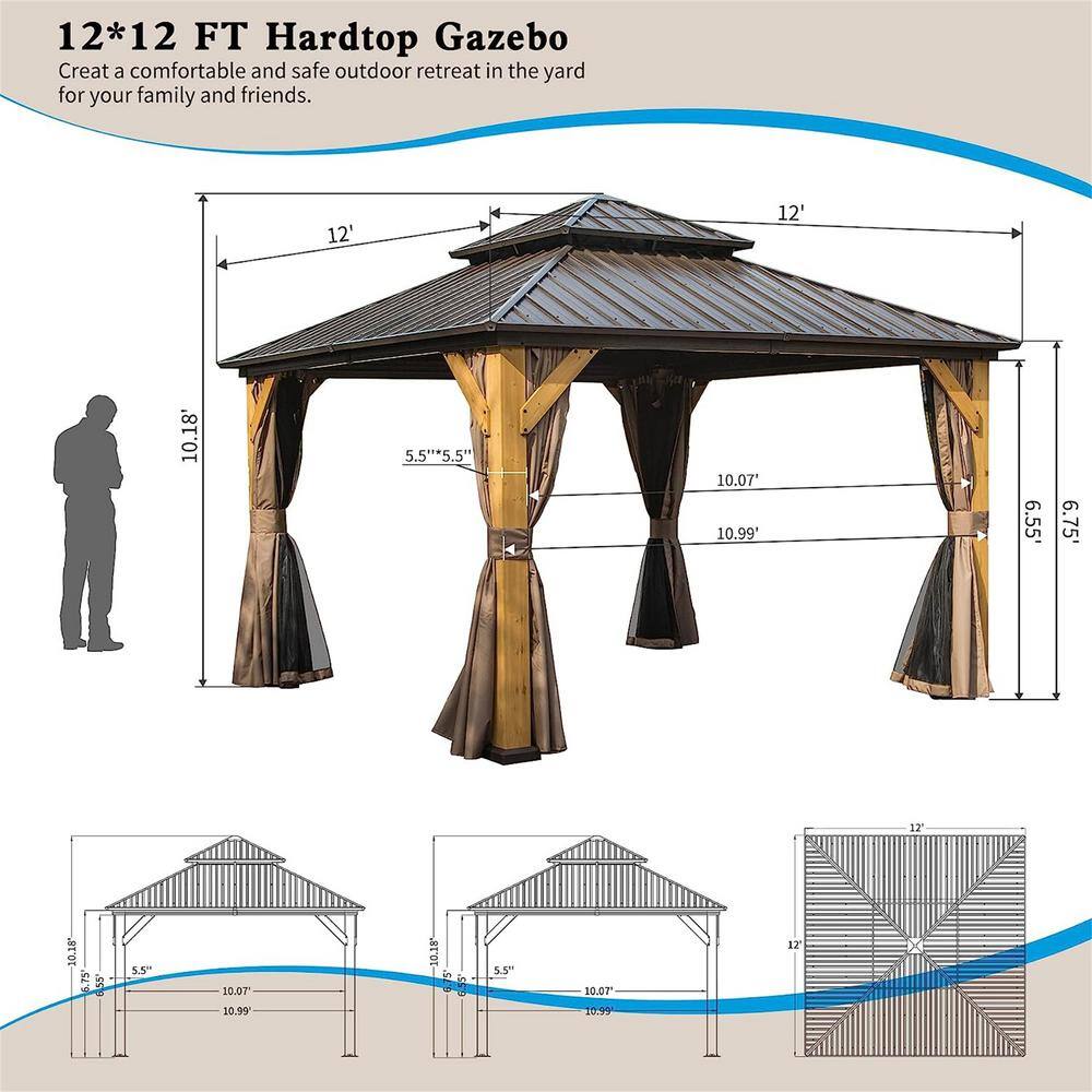 12' x 12' Brown Aluminum Hardtop Patio Gazebo with Curtains
