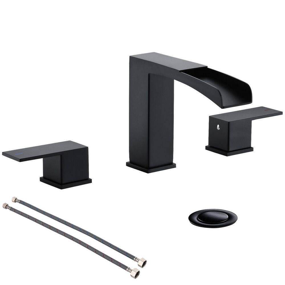 Phiestina 2 Handles Waterfall Bathroom Faucet for 3 Holes Sink with Pop Up Drain Assembly and