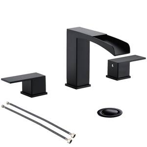 2 Handles Waterfall Bathroom Faucet for 3 Holes Sink with Pop Up Drain Assembly and Water Supply Lines in Matte Black