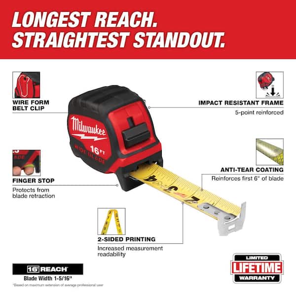 Compact 16 ft. SAE Tape Measure with Fractional Scale and 8 ft. Standout