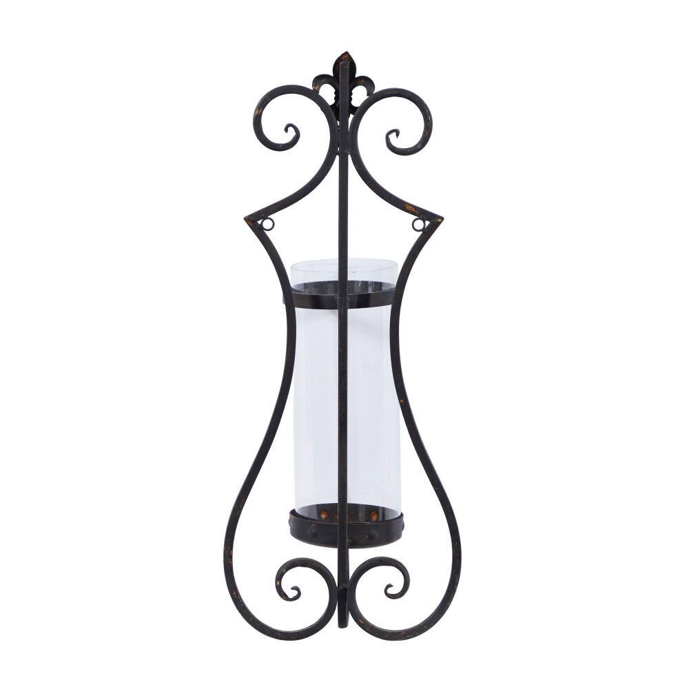 Elegant Black Metal Floral Wall Sconce with Glass Hurricane, 25"