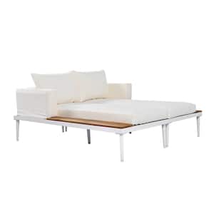 2 in 1 Metal Outdoor Day Bed with Cushions and Wood Topped Side Spaces for Drinks, Beige