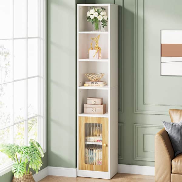 Tribesigns Way to Origin Frailey 16 in. Wide White 6 Shelf Corner Bookcase with Door, Freestanding Corner Shelf Storage Cabinet for Small Space