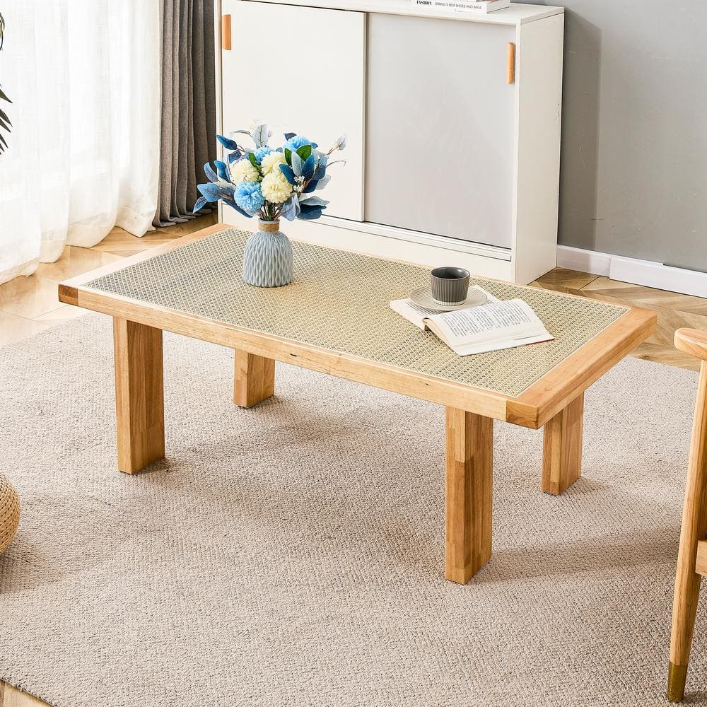 47 in. Modern Minimalist Rectangle MDF-Top Rattan Woven Eastern Design Coff