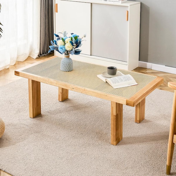 LCEPURE TRADE INC 47 in. Modern Minimalist Rectangle MDF-Top Rattan Woven Eastern Design Coffee Table with Rubber Wood Legs,Wooden-Look