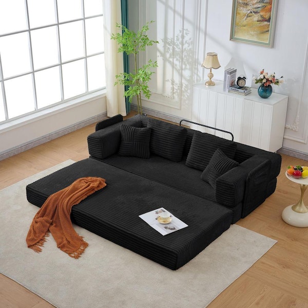 78 in. Black Corduroy King Size Convertible Sleeper Sofa Bed, No