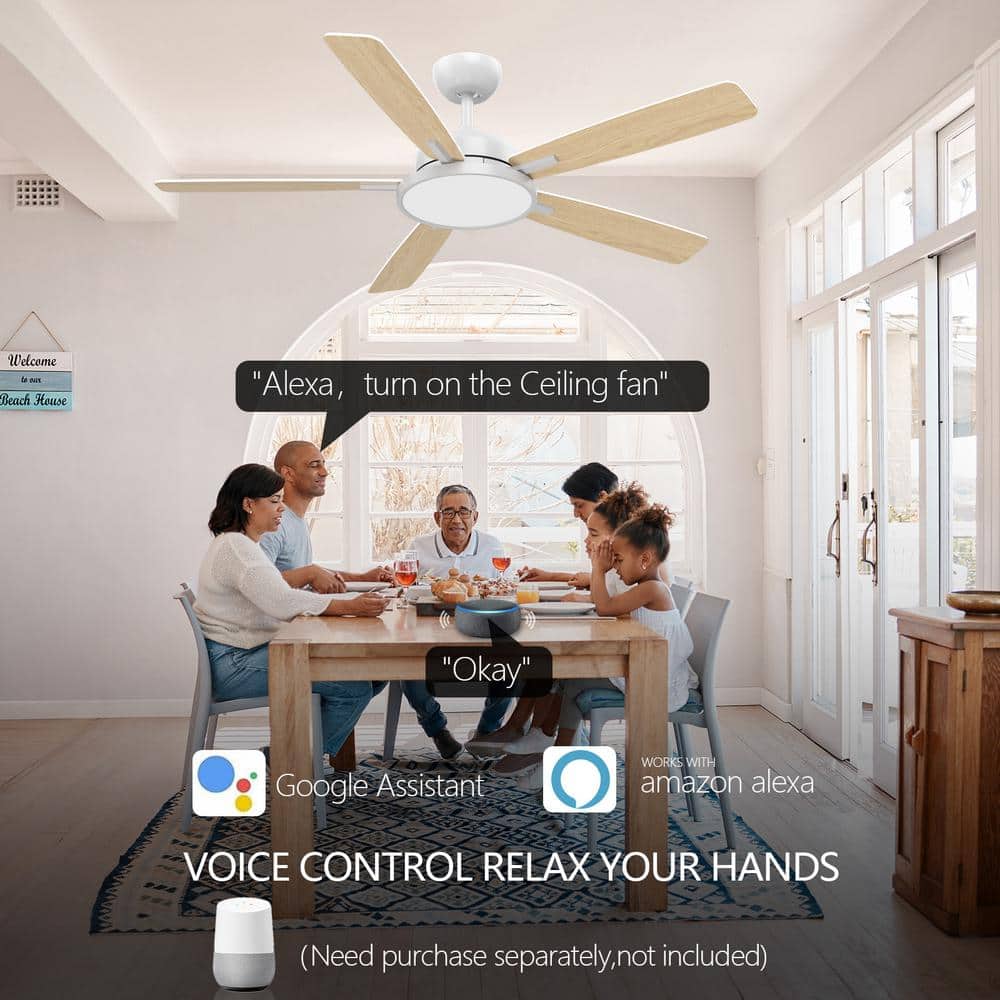 52-Inch White and Light Brown Smart Ceiling Fan with LED Light and Remote