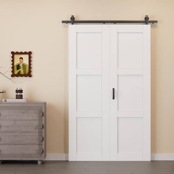 48 in. x 80 in. Paneled 3 Lite White Primed MDF Bifold Sliding Barn Door with Hardware Kit