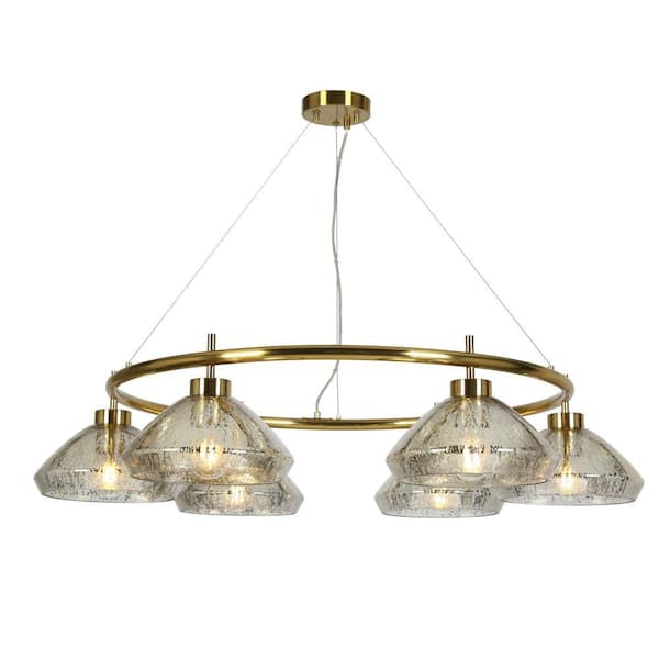 Mid-century Modern 6-light Brass Chandelier for Dining Room, Wagon Wheel Chandelier with Barn Mercury Glass Shade