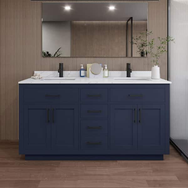 Wyndham Collection Beckett TK 66 in. W x 22 in. D x 35 in. H Double Sink Bath Vanity in Dark Blue with Matte Black Trim Giotto Quartz Top