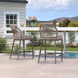 Modern Aluminum Twill Wicker Woven Bar Height Outdoor Bar Stool with Back and Sunbrella Gray Cushion (2-Pack)