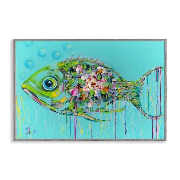 Stupell Industries Painterly Drip Fish by Estelle Grengs Gray Framed Coastal Giclee Art Print 12 in. x 18 in.