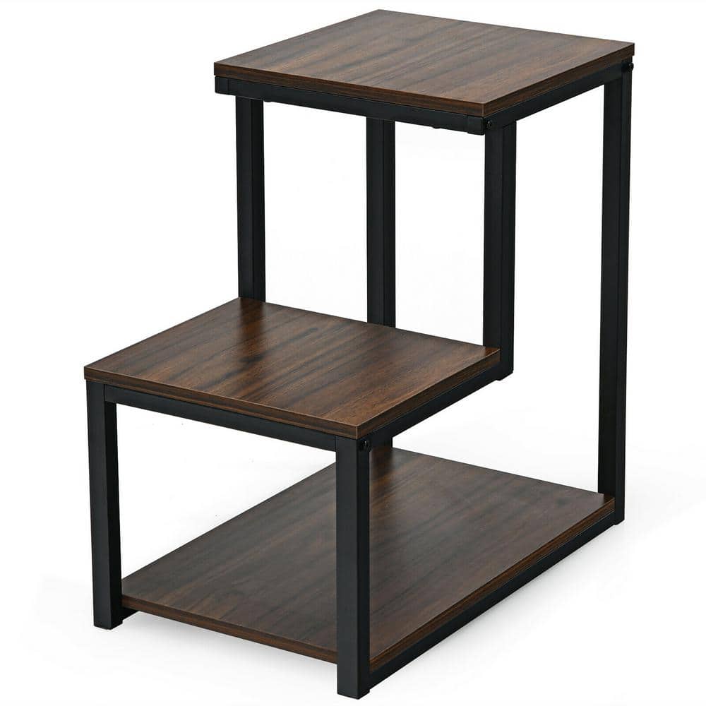 Brown Wood and Metal 3-Tier End Table with Storage