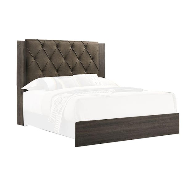 Benjara Gray and Brown Wooden Frame King Platform Bed with Button Tufted Headboard