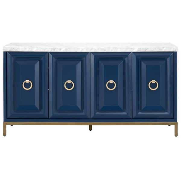 Benjara Blue and White Marble Top 71 in. Sideboard Buffet Cabinet Console with Metal Base