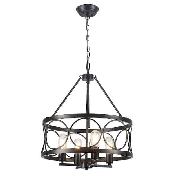 Boswell Quarter 4 light Black Drum Farmhouse Rustic Chandelier for Kitchen Island with no bulbs included