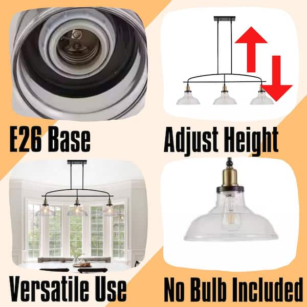 Industrial 3-Light Black Metal Frame Pendant Chandelier with Clear Glass Shades for Kitchen (No Bulb Included)
