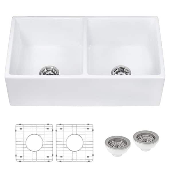 Fiamma 33 in. Apron-Front Reversible Farmhouse Double Bowl White Fireclay Kitchen Sink