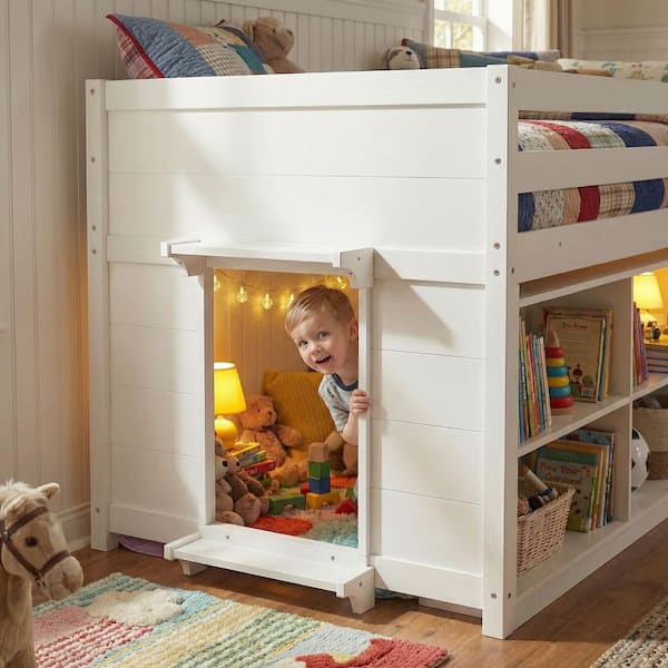 White Wood Frame Twin Panel Bed with 6-Open Shelves and Underbed Play Space