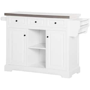 White Stainless Steel Top 51 in. Kitchen Island with Adjustable Shelves and Castors