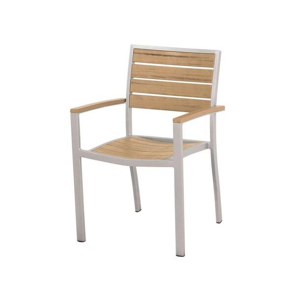 POLYWOOD Euro Textured Silver Patio Dining Arm Chair with Plastique Natural Teak Slats
