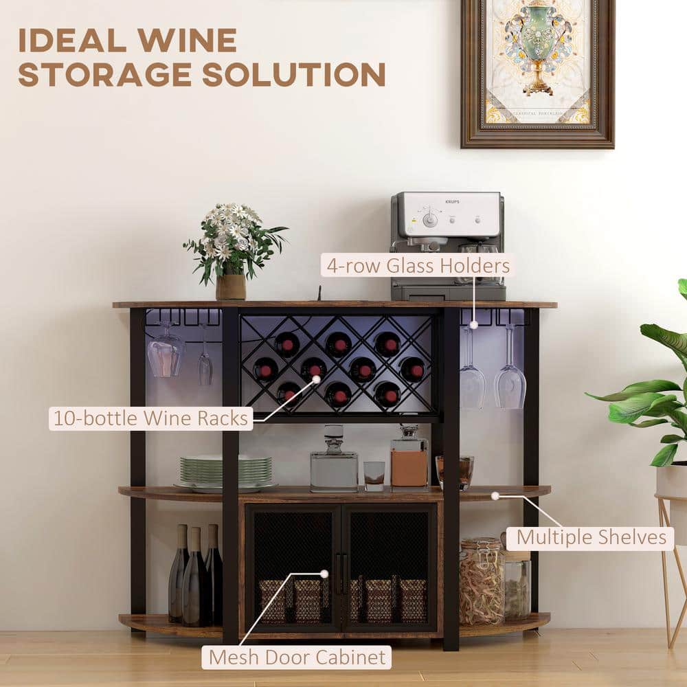 Rustic Brown Wine Bar Cabinet with LED Lights and Charging Station