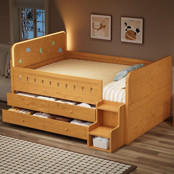 Wood Brown Full Daybed with LED Light, Storage Drawers and Ladder