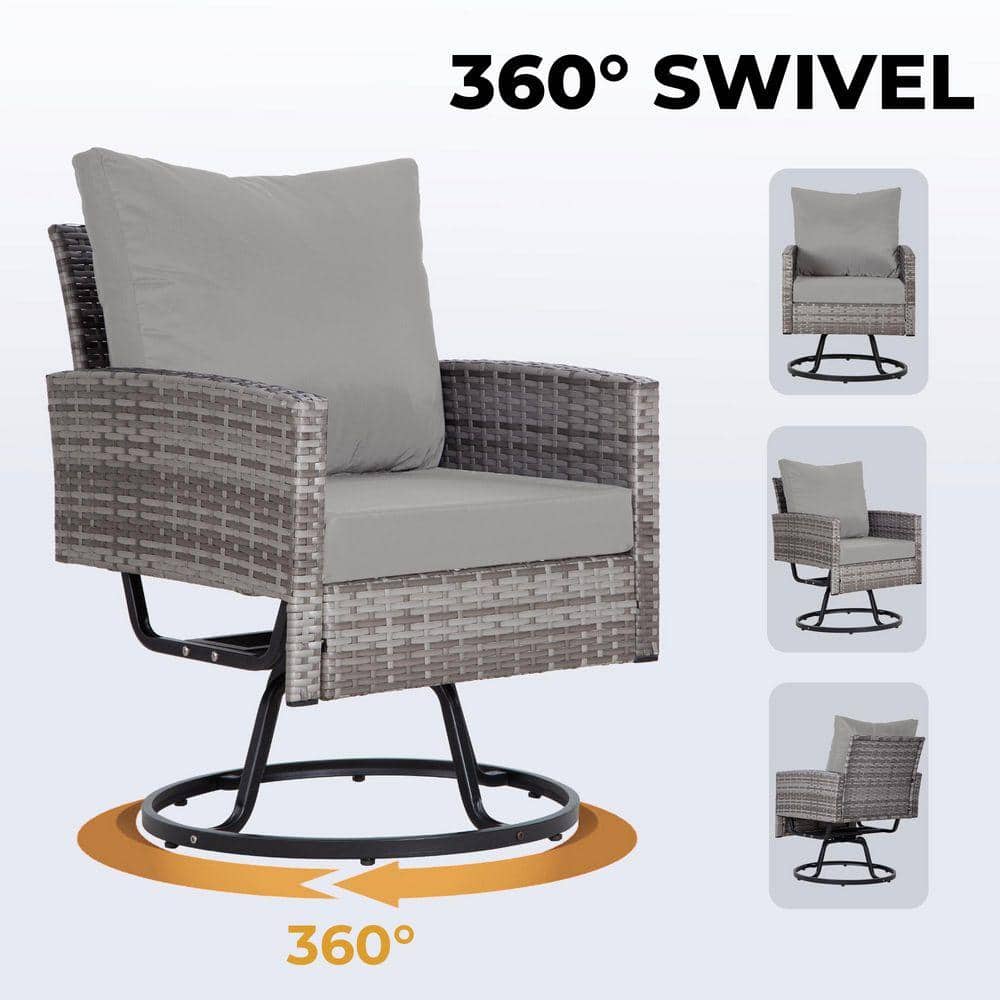 Grey wicker swivel chair demonstrating 360-degree rotation.