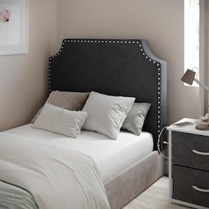 Adeline Contoured Twin Headboard with 2-Power Outlets, 1-USB, 1-USB Type-C Port, Studded Faux Linen Upholstery in Gray