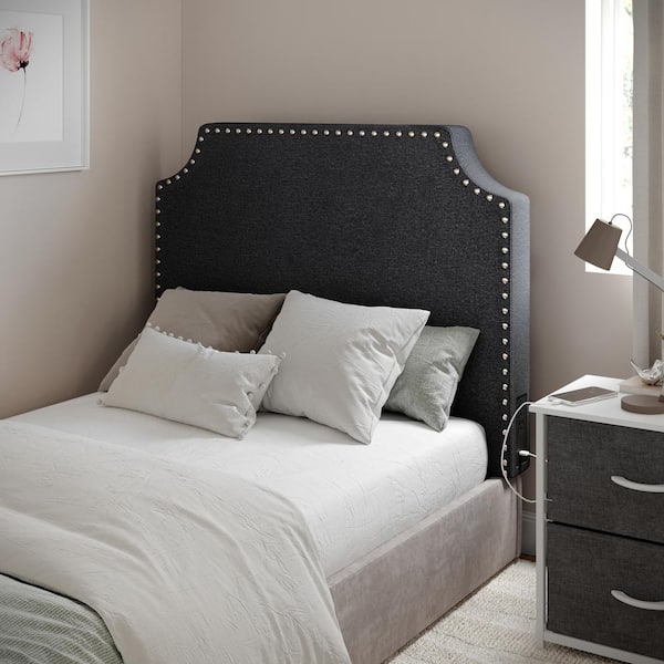 Carnegy Avenue Adeline Contoured Twin Headboard with 2-Power Outlets, 1-USB, 1-USB Type-C Port, Studded Faux Linen Upholstery in Gray