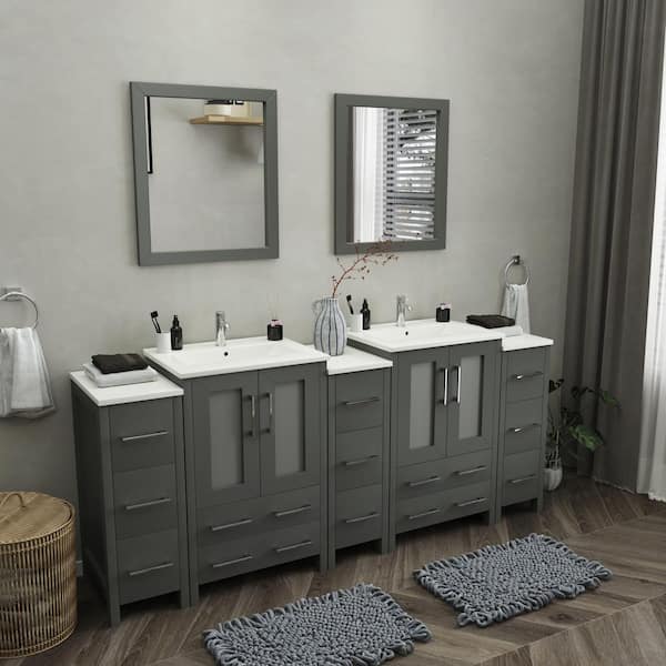 Brescia 84 in. W x 18.1 in. D x 35.8 in. H Double Basin Bathroom Vanity in Grey with Top in White Ceramic and Mirror