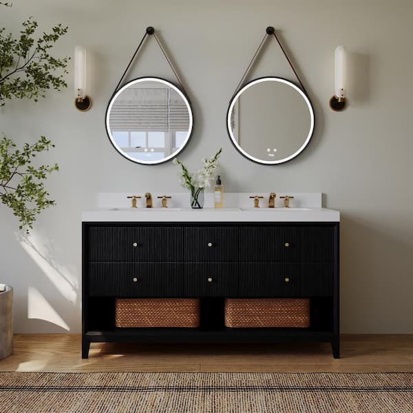 Momo 60 in. W Double Sink Bath Vanity in Black Oak with White Quartz Top