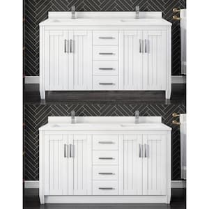 Jake 60 in. W x 22 in. D Bath Vanity in White ENGRD Stone Vanity Top in White with White Basin Power Bar and Organizer