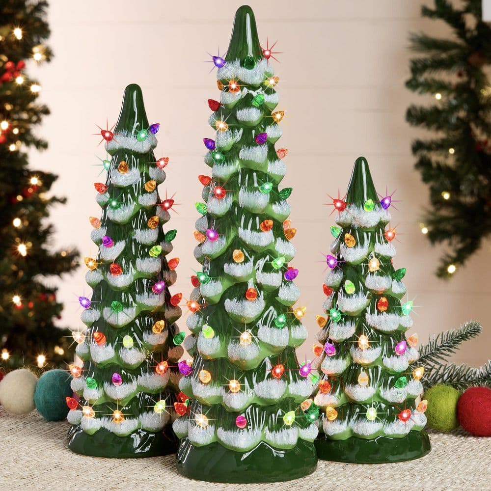 Flocked Green Set of 3 XL Pre-Lit Hand-Painted Ceramic Tabletop Christmas Trees with Multi Lights price history on PriceWatchPro