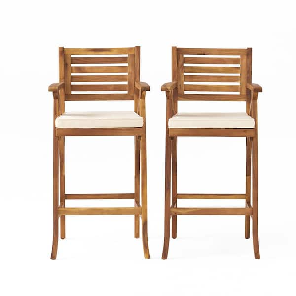 Noble House Hermosa Wood Outdoor Patio Bar Stool with Cream Cushion (2-Pack)