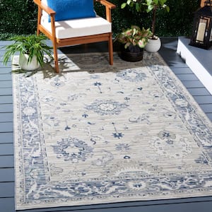Sunrise Gray/Blue Ivory 7 ft. x 7 ft. Floral Border Reversible Indoor/Outdoor Square Area Rug