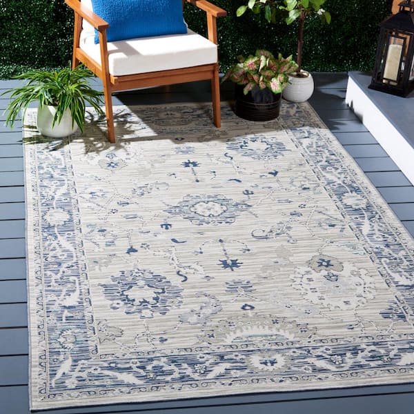 Sunrise Gray/Blue Ivory 7 ft. x 7 ft. Floral Border Reversible Indoor/Outdoor Square Area Rug