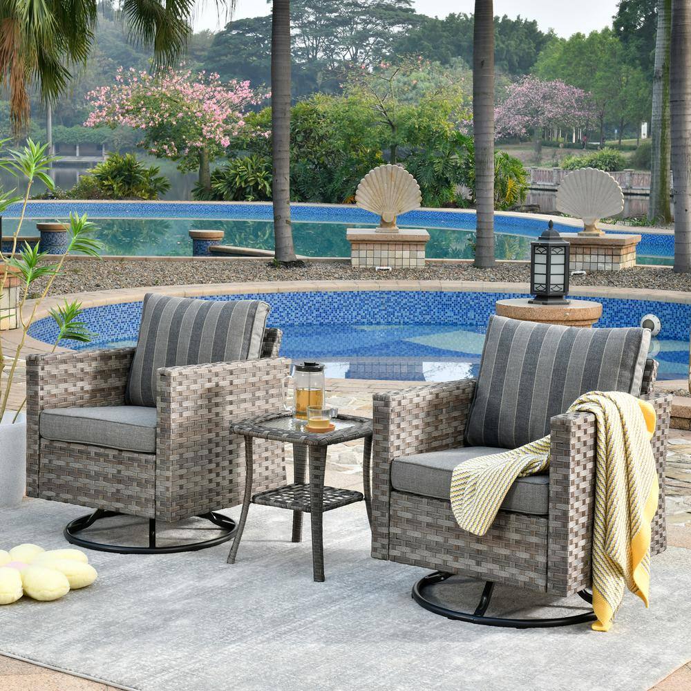 Marvel Gray 3-Piece Wicker Wide Arm Patio Conversation Set with Striped Gray Cushions and Swivel Rocking Chairs price history on PriceWatchPro