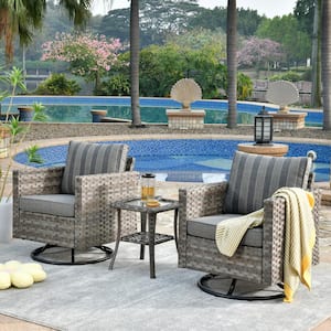 Marvel Gray 3-Piece Wicker Wide Arm Patio Conversation Set with Striped Gray Cushions and Swivel Rocking Chairs