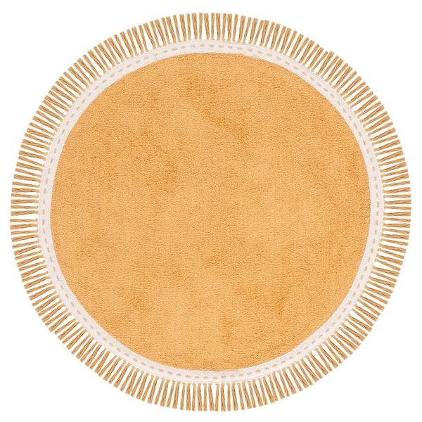 SAFAVIEH Easy Care Yellow/Ivory 4 ft. x 4 ft. Machine Washable Solid Fringe Border Round Area Rug