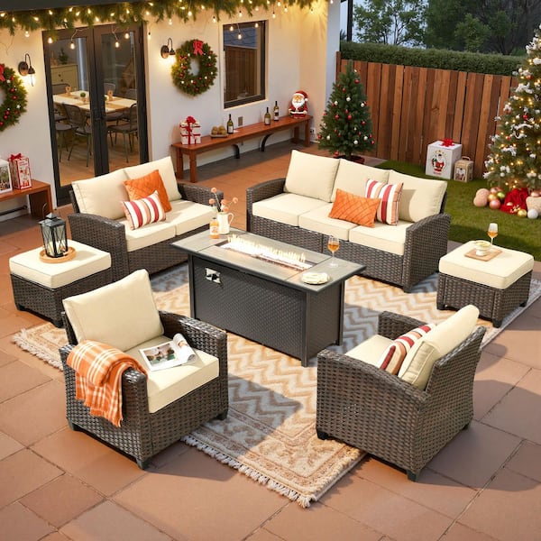 Palermo Brown 7-Piece Wicker Outdoor Modular Patio Furniture Sofa Set with Metal Fire Pit and Beige Cushions