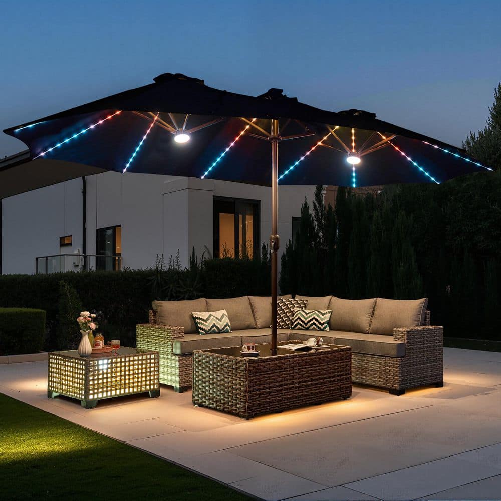 backyard string lights with patio umbrella for Metal 9ft/10ft 8-Rib No cords Patioman LED String Lights for