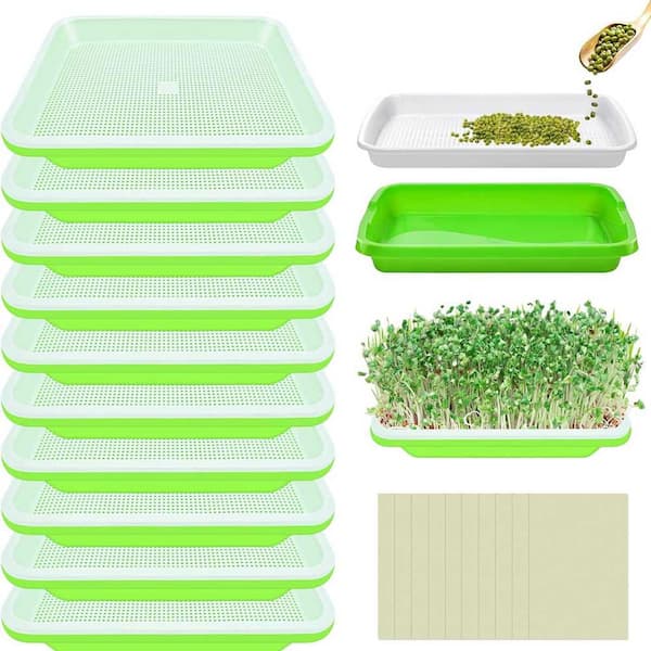 Phewnyzo 10 Pack Green Seed Sprouter Trays Soil-Free Germination Nursery Tray with Planting Paper for Indoor Outdoor Use