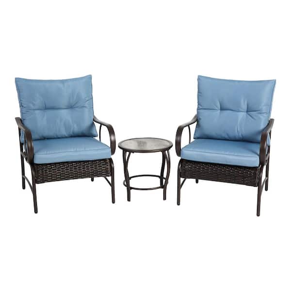 Black 3-Piece Wicker Patio Conversation Set with Blue Cushions