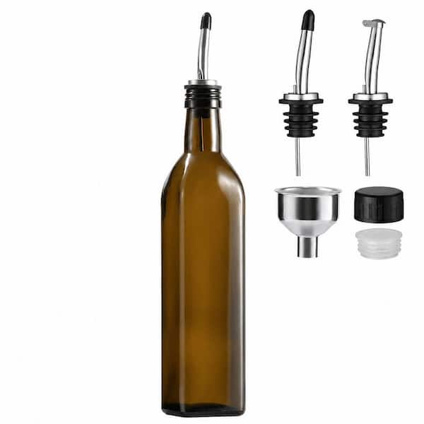 17 oz. Dark Brown Glass Olive Oil Dispenser with Stainless Steel Pourers and Funnel