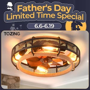 19.6 in. Iron and Wood Grain Industrial Indoor Black Net Flush Mount Ceiling Fan with Light Remote Control with 5-Bulb